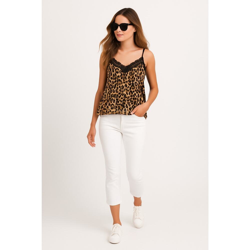 BP Women’s Small Animal Print Lace Trim Camisole Top Black Tan VNeck Adjustable